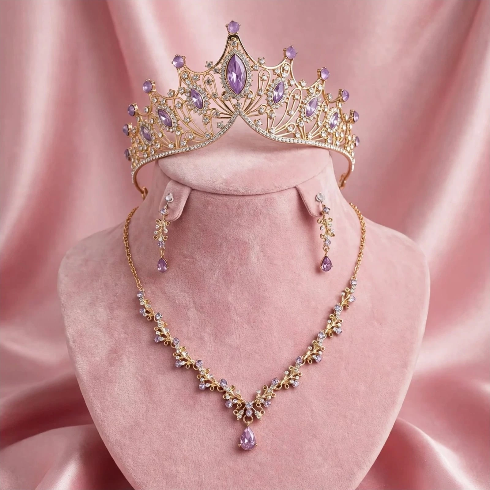 set de tiara y collar con aretes sophia lila gold