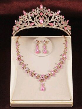 Set de tiara y collar con aretes corazón pink - Imagen 2