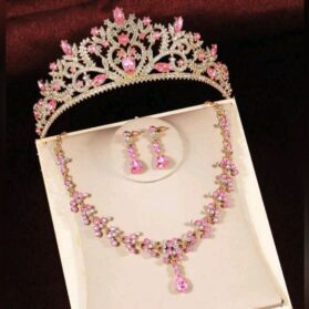 Set de tiara y collar con aretes corazón pink
