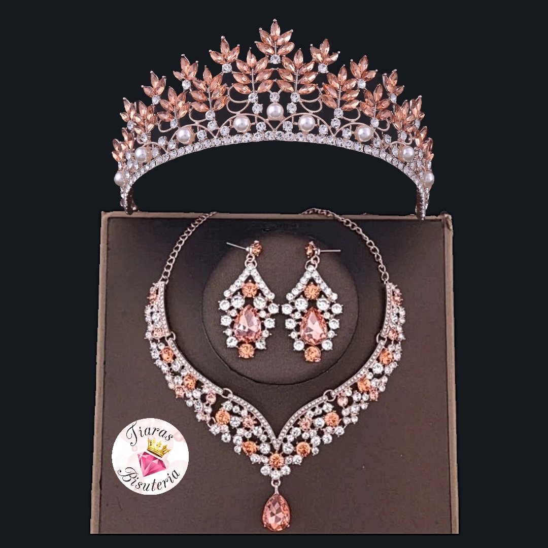Set de tiara y collar con aretes talia oro rosa peach - Imagen 2
