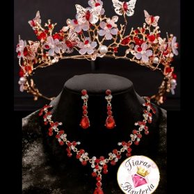 set de tiara y collar con aretes mariposas rubí
