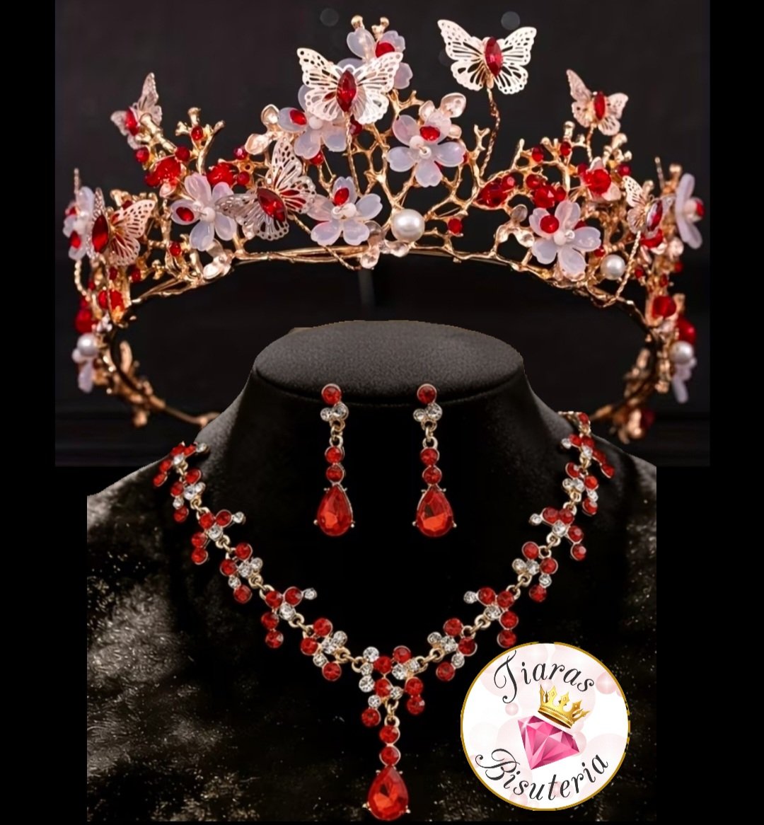 set de tiara y collar con aretes mariposas rubí