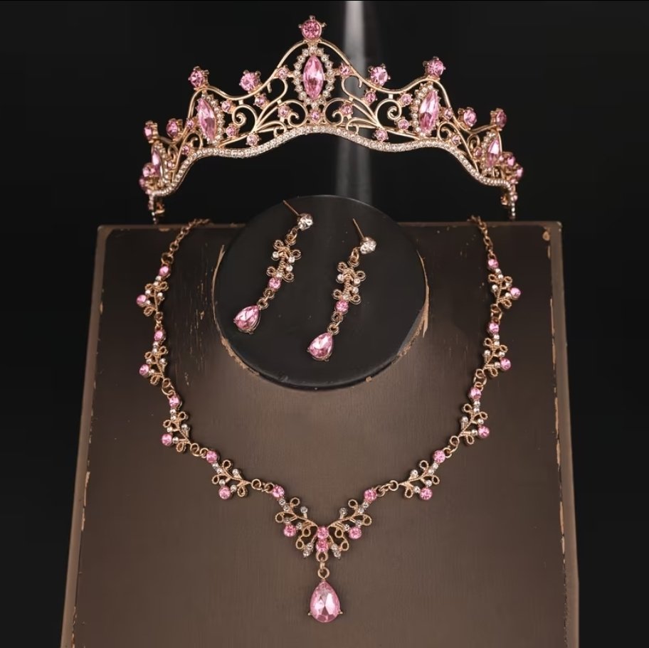 set de tiara y collar con aretes pink