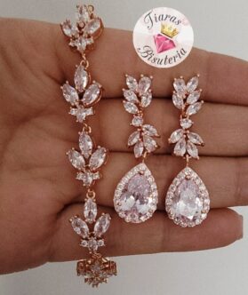 set pulsera con aretes ramas oro rosa - Imagen 2