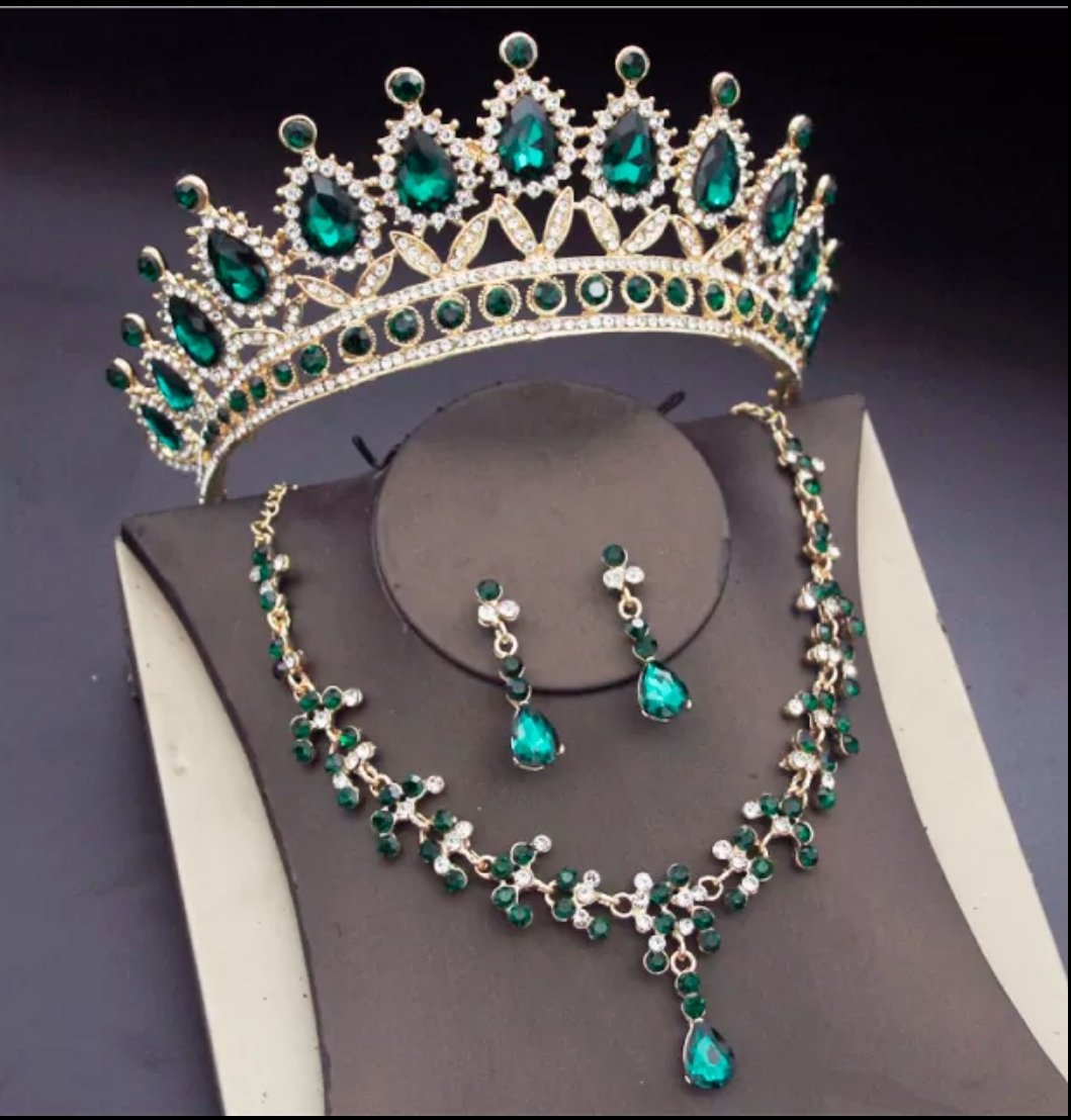 Set de tiara y collar con aretes resplandor esmeralda