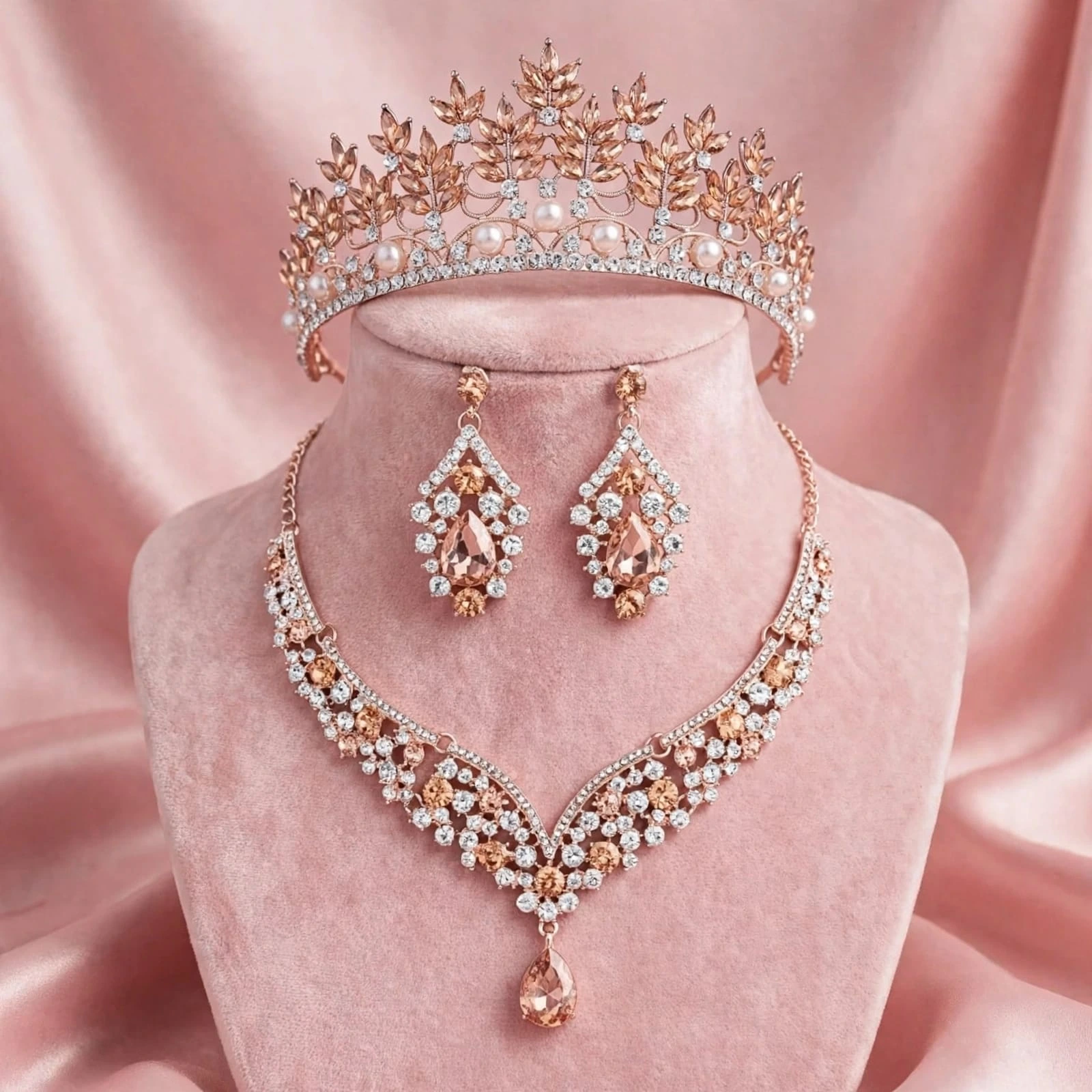 Set de tiara y collar con aretes talia oro rosa peach