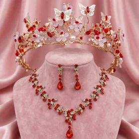 set de tiara y collar con aretes mariposas rubí