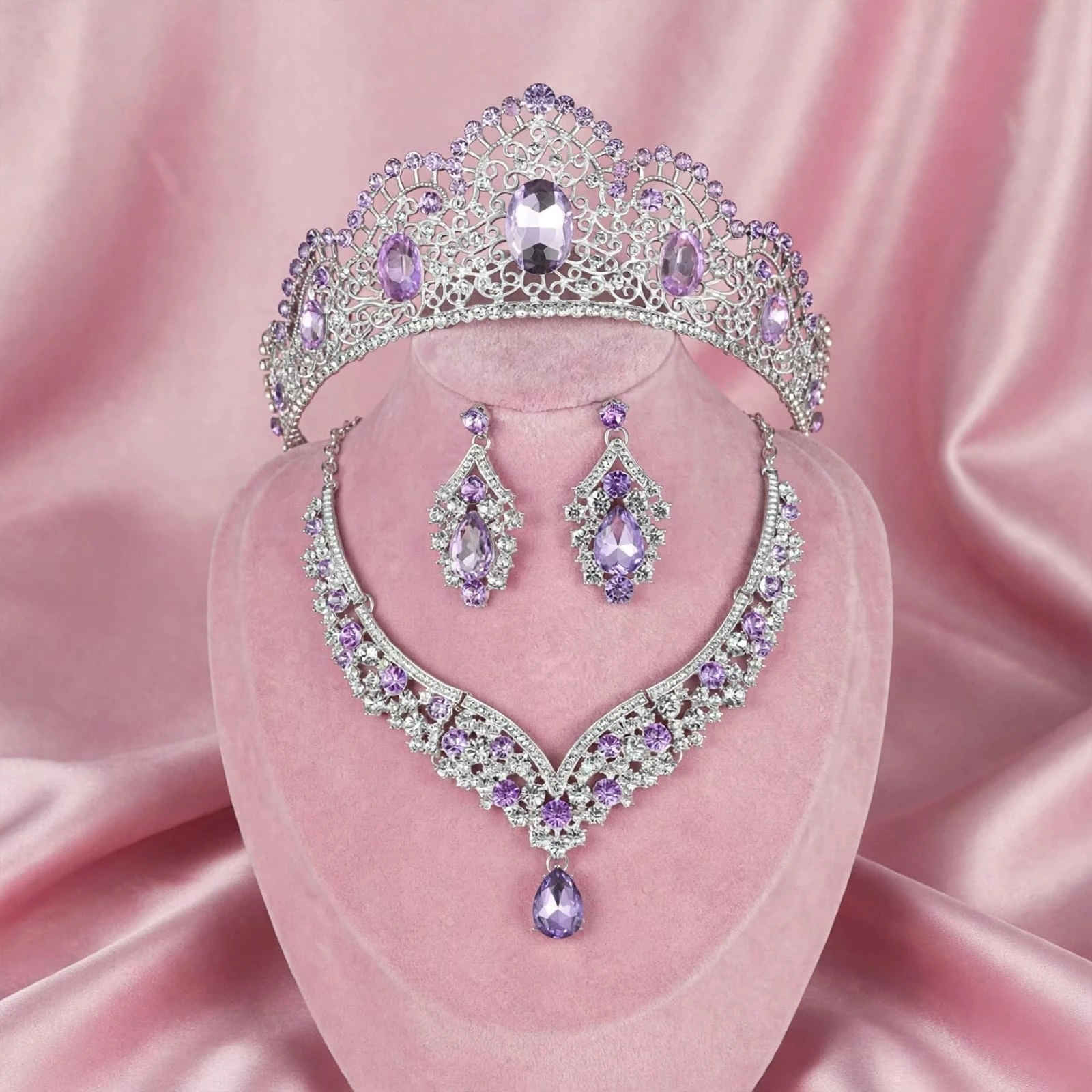 set de tiara y collar con aretes alegria lila